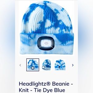 Headlightz Beanie with LED Integrated Light.  Tye Dye blue and white.